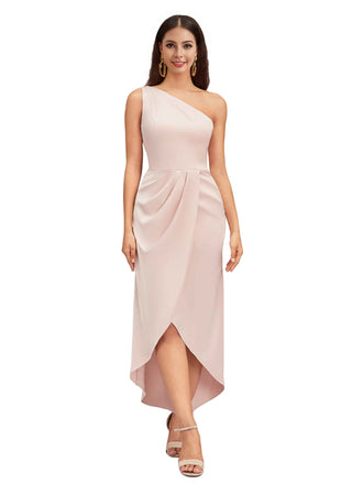Elegant One Shoulder Slit High Low Soft Satin Midi Bridesmaid Dresses Online