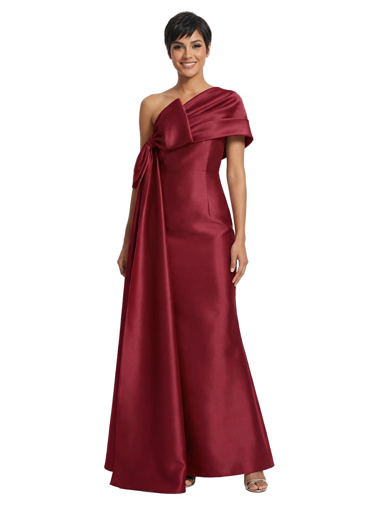 Unique One Shoulder Bow Detail Satin Mother Of The Bride Mermaid Gown