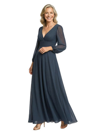 Stunning Deep V-Neck Long Lantern Sleeves A-Line Mother of The Bride Gown