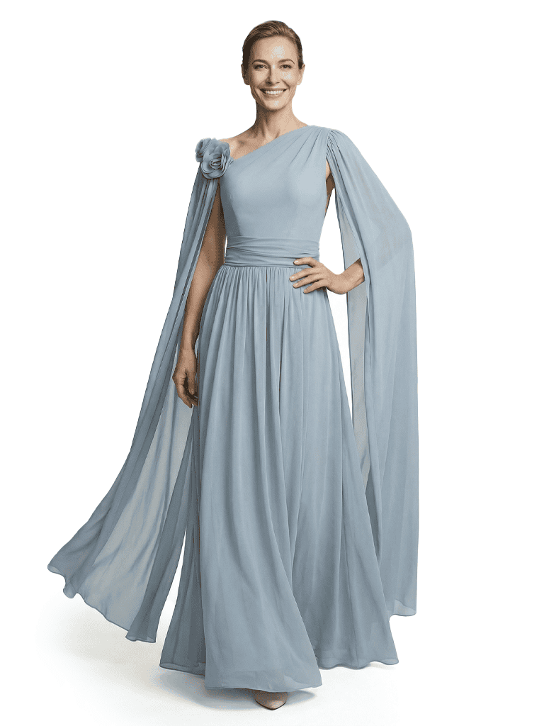 One Shoulder Chiffon Mother Of The Bride Dress Cape Sleeves Floor-Length Gown Formal Wedding Attire