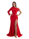 Sexy Asymmetric Mermaid Side Slit One Sleeve Crepe Long Bridesmaid Dress For Wedding