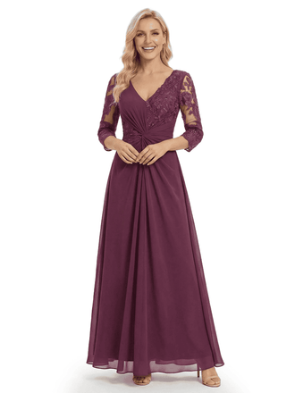 Beautiful Mother Of The Bride Dresses V-Neck 3/4 Sleeves A-Line Lace Formal Wedding Event Dress