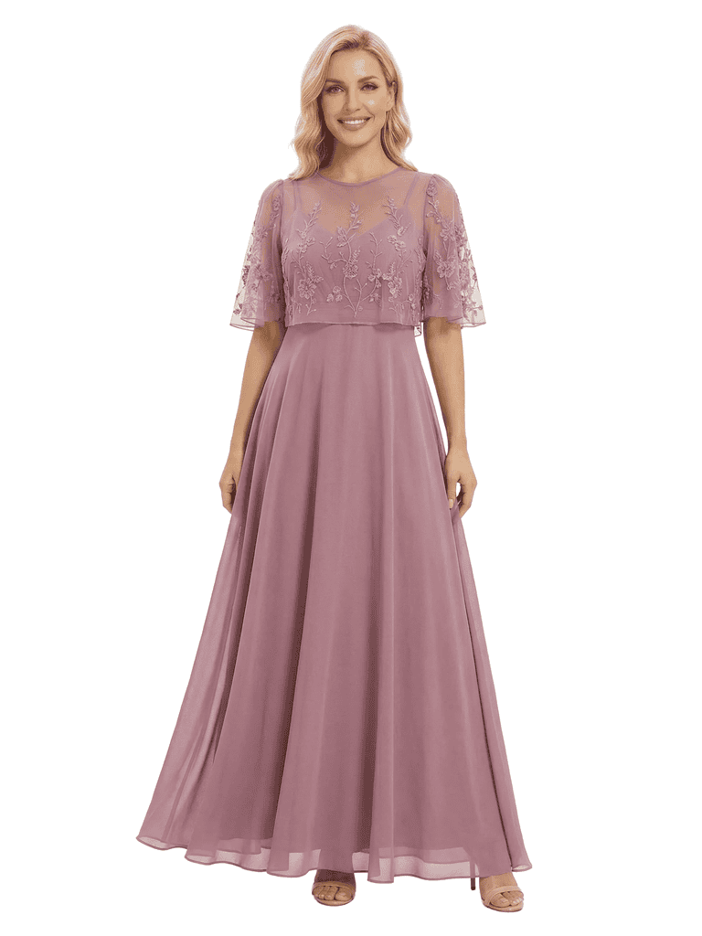Chicsew Mother of The Groom Dresses Scoop Cape Sleeve Chiffon Maxi Gown Pretty Lace Applique Formal Bridal Event Dress