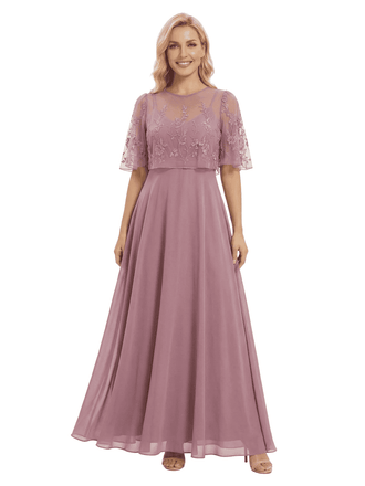 Chicsew Mother of The Groom Dresses Scoop Cape Sleeve Chiffon Maxi Gown Pretty Lace Applique Formal Bridal Event Dress