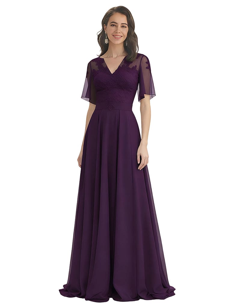 Elegant A-Line V-Neck Chiffon Bell Sleeves Floor-Length Mother of the Brides Dresses