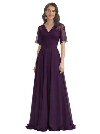 Elegant A-Line V-Neck Chiffon Bell Sleeves Floor-Length Mother of the Brides Dresses