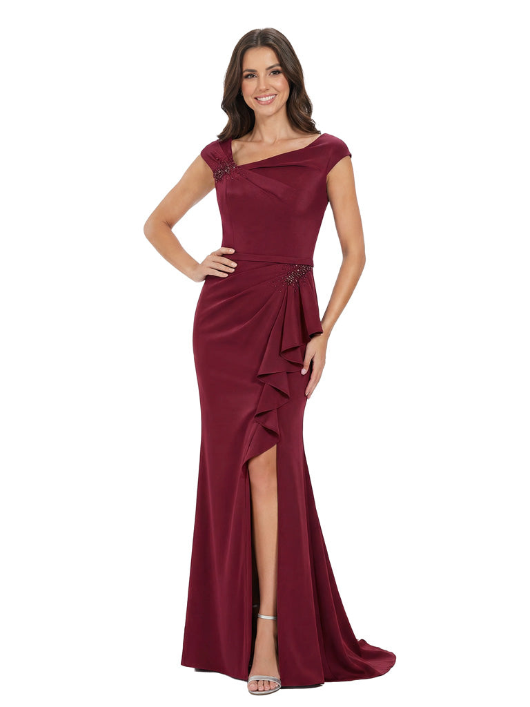Sexy Asymmetric Neck Beaded Satin Mother Of The Bride Ruffle Slit Evening Gown