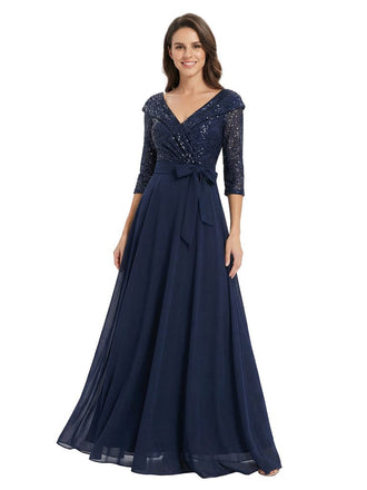 Fancy Sequin Top V-Neck Flowy Chiffon A-Line Mother Of The Bride Dress With Sleeve