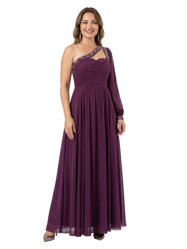 Sexy One Shoulder Long Sleeve  A-Line Mother of The Bride Chiffon Flowy Party Gown