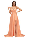 Sexy Spaghetti Straps A-Line Soft Satin Criss cross Side Slit Long Bridesmaid Dresses