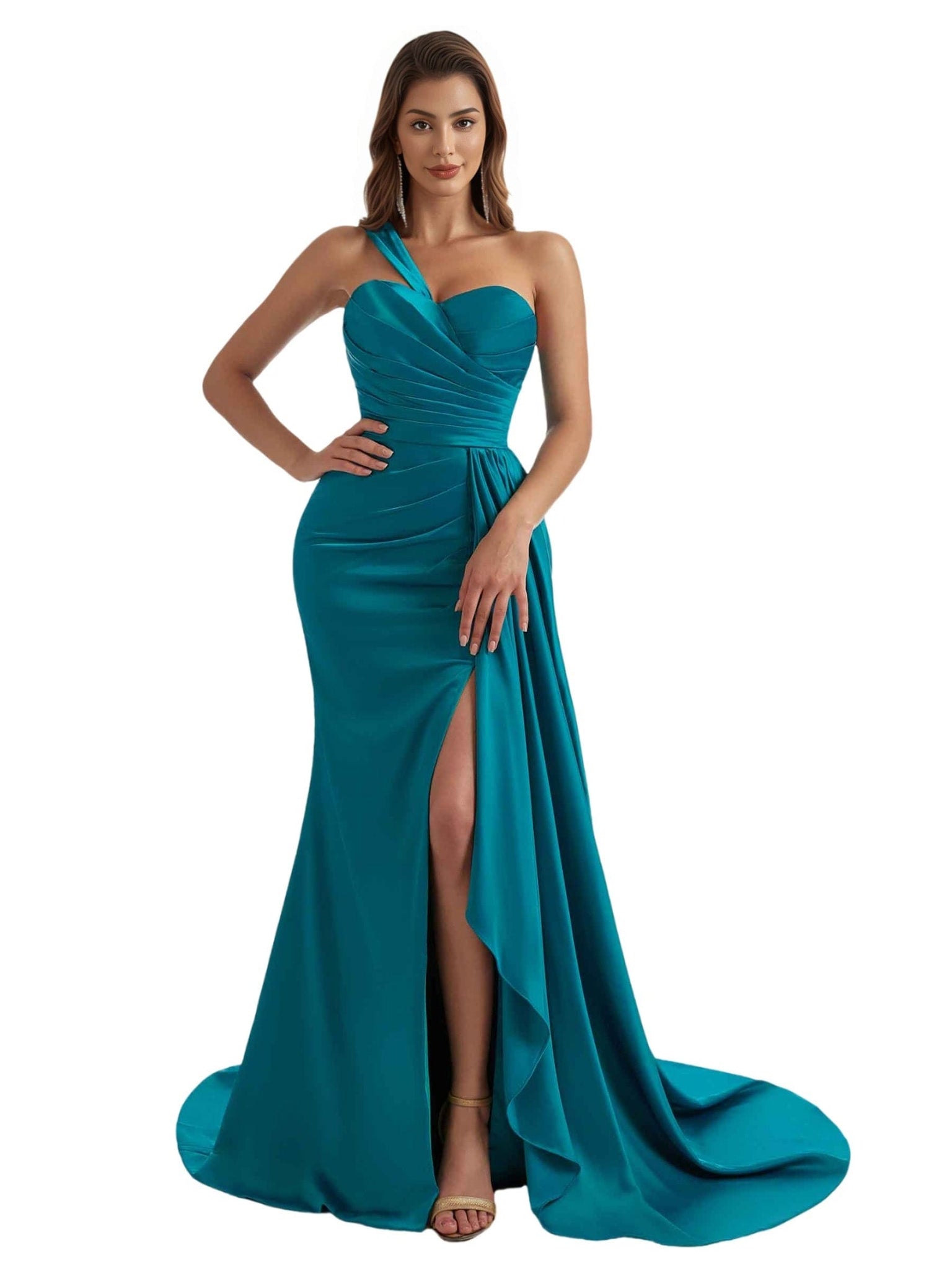 Elegant One Shoulder Mermaid Ruched Satin Chic Long Bridesmaid Dresses Slit Online
