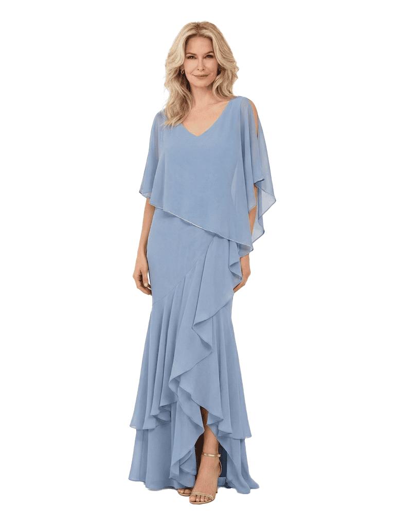 Pretty Ruffle Mother of the Groom Gown Chiffon V-Neck Cold Shoulder Maxi Dress