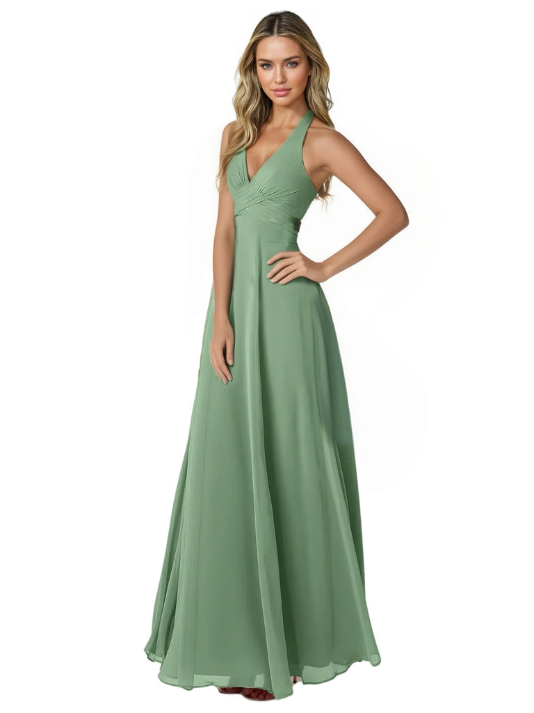 Sexy Halter V-Neck A-line Chiffon Floor-Length Bridesmaid Dresses