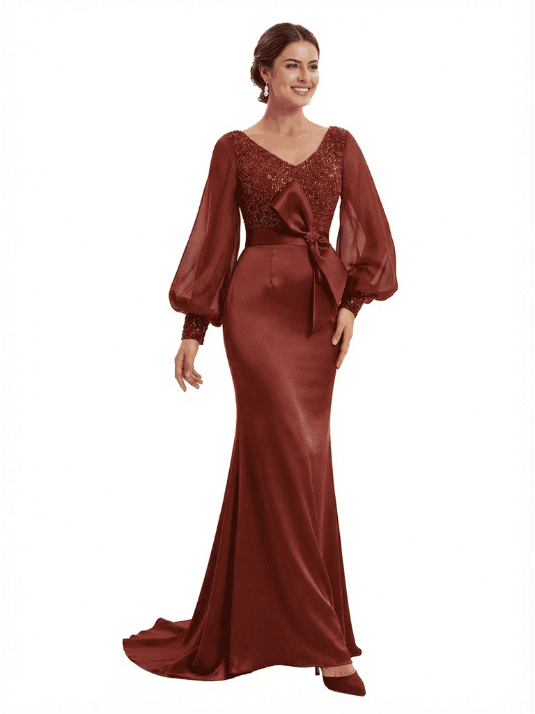 Chicsew Fancy Mother of The Groom Dress V-Neck Long Sleeves Sequin Lace Bodice Mermaid Train Satin Fabric Bow Accent Stylish Sophisticated Wedding Guest Gown