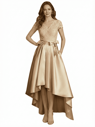 Elegant V-Neck Short Sleeves Lace A-Line High-Low Satin Mother Of The Bride Dresses