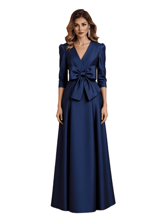Elegant V-Neck Half Sleeves Satin A-Line Bow Knot Mother Of The Bride Dresses