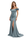 Fancy Off Shoulder Satin Mother of The Groom Dress Floor-Length 3D Flower