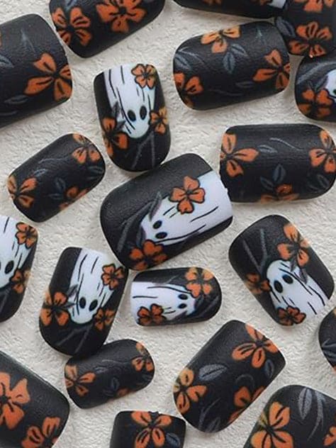 Halloween Yellow Flowers Press on Nails Short Square Fake Nails with Cute Little Ghost Designs