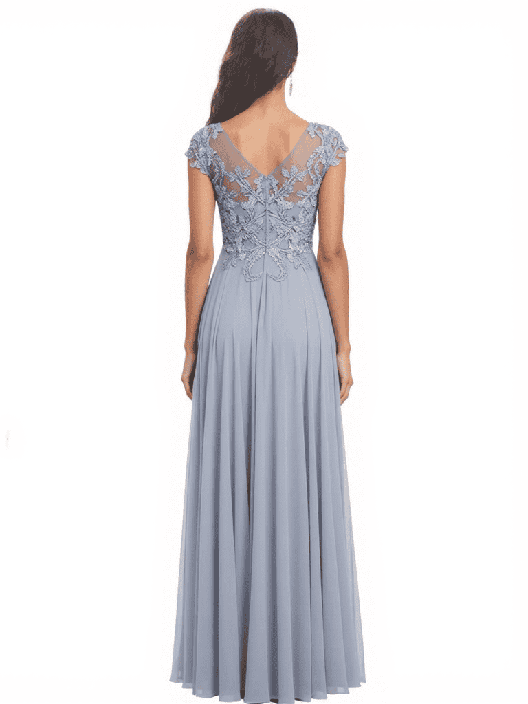 Elegant A-Line Jewel Short Sleeves Side Slit Lace Chiffon Mother of The Bride Dresses