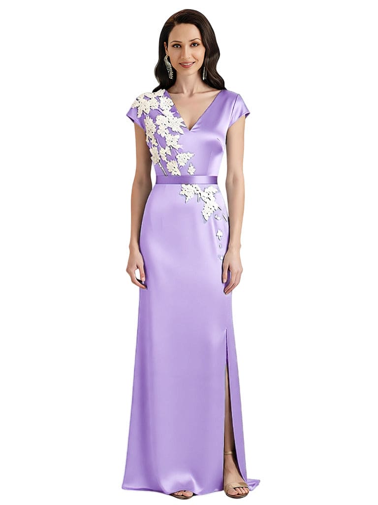 Elegant V-Neck Cap Sleeves Side Slit Satin Mermaid Floor-Length Mother Of The Bride Dresses
