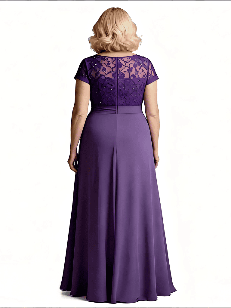 Elegant Short Sleeves Jewel Lace Chiffon A-Line Mother of The Bride Dresses