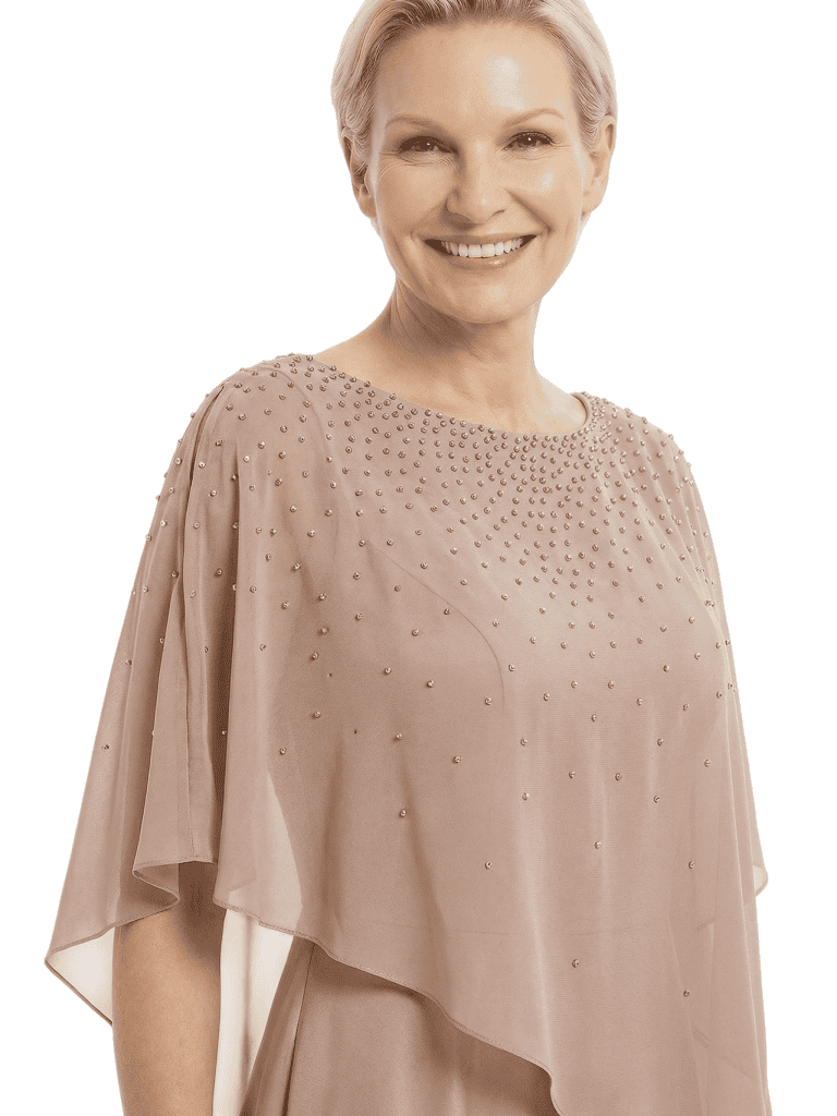 Classy Beaded Chiffon Overlay Poncho Style Mother of the Bride Gown