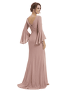 Chic V-Neck Bell Sleeve Mother Of The Bride Dress Ruched Floor Length Chiffon Formal Gown