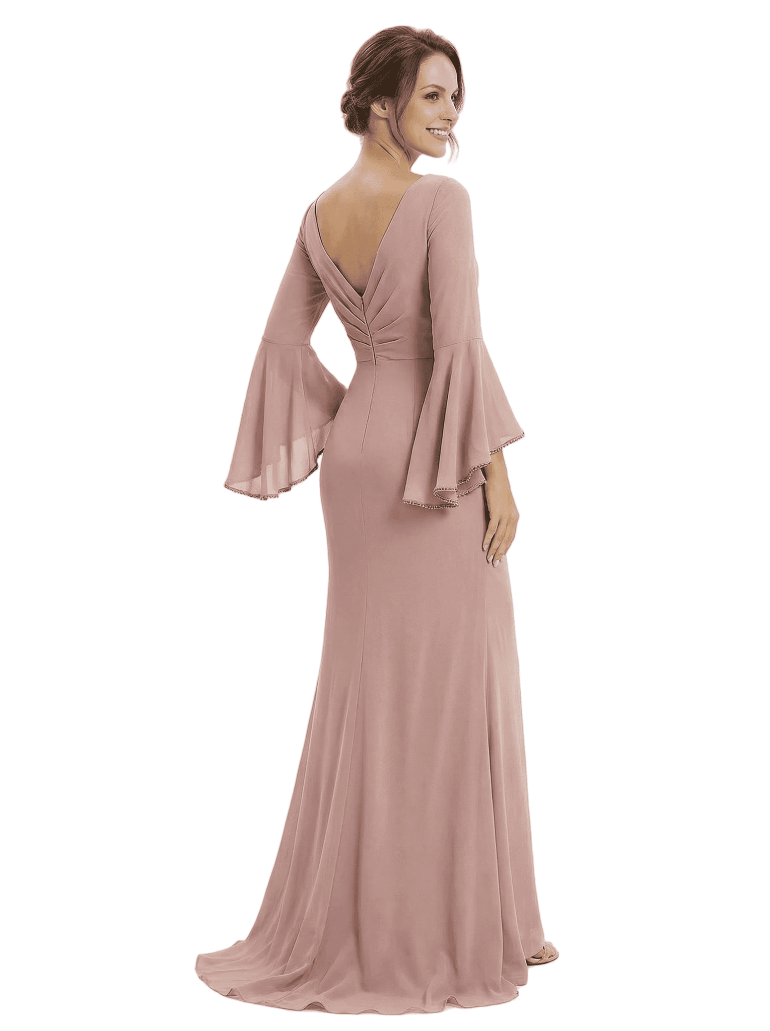 Chic V-Neck Bell Sleeve Mother Of The Bride Dress Ruched Floor Length Chiffon Formal Gown