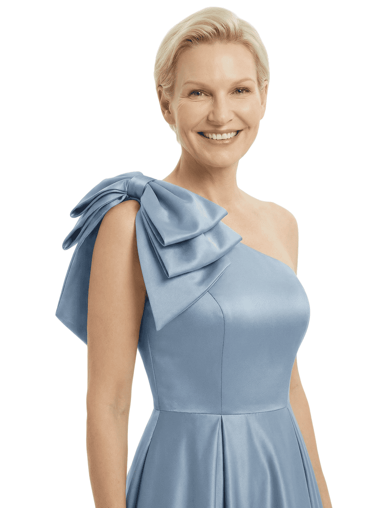 Modern One Shoulder Satin A-Line Mother of the Groom Dress with Bow Detail