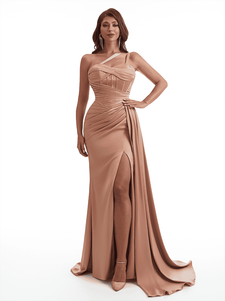 Sexy One Shoulder Side Slit Mermaid Soft Satin Long Bridesmaid Dresses Online