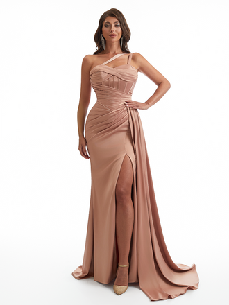 Sexy One Shoulder Side Slit Mermaid Soft Satin Long Bridesmaid Dresses Online