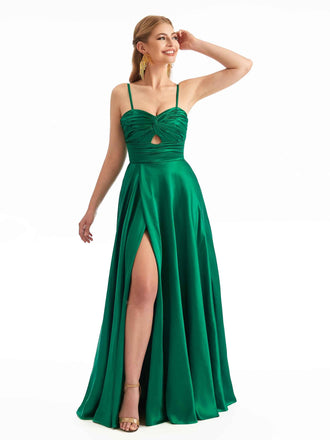 Chic Spaghetti Straps Unique A-line Stetch Satin Long Bridesmaid Dresses Online