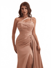 Sexy One Shoulder Side Slit Mermaid Soft Satin Long Bridesmaid Dresses Online