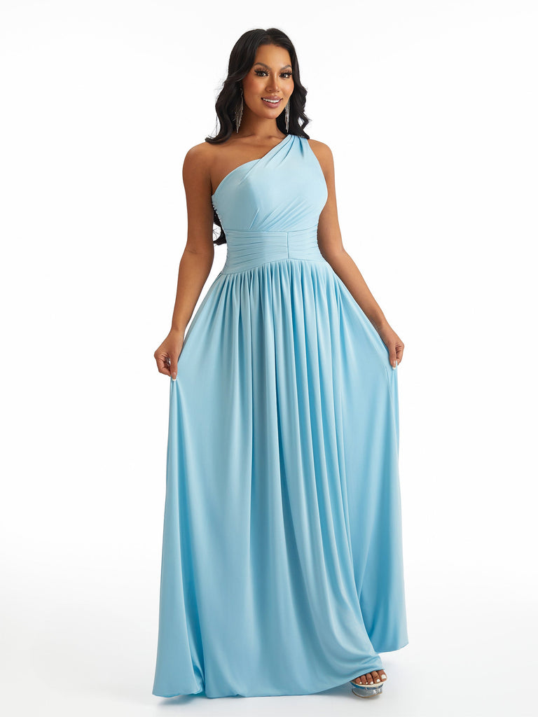 Sexy One Shoulder A-Line Stretchy Jersey Ruched Long Formal Bridesmaid Dresses
