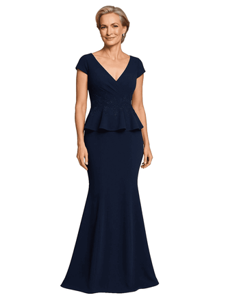 Chicsew Sexy V-neck Cap Sleeves Floor Length Mermaid Mother Of The Groom Dress With Ruffles