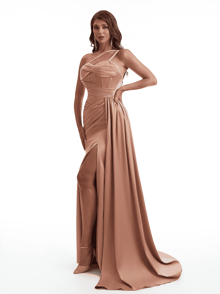 Sexy One Shoulder Side Slit Mermaid Soft Satin Long Bridesmaid Dresses Online