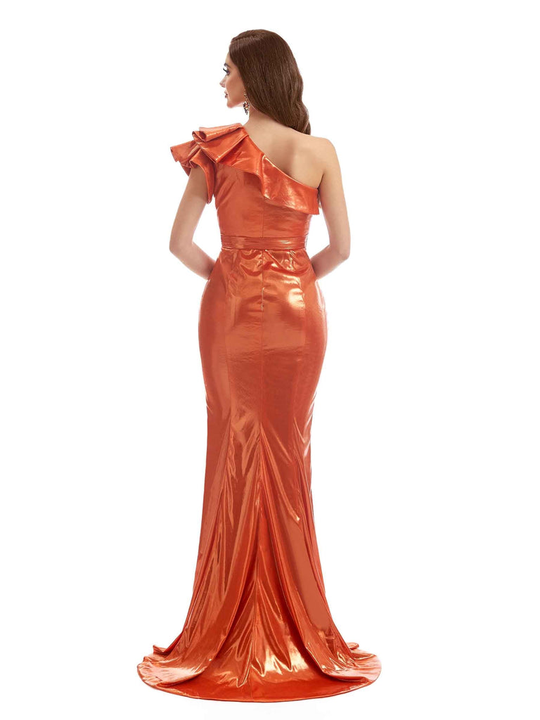 Sexy Ruffles Mermaid One Shoulder Metallic Stretch Shiny Fabric Long Wedsing Guest Dresses