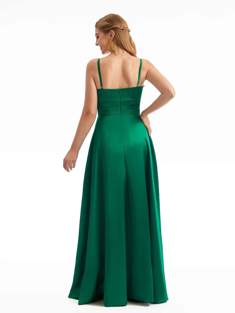 Chic Spaghetti Straps Unique A-line Stetch Satin Long Bridesmaid Dresses Online