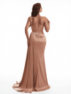 Sexy One Shoulder Side Slit Mermaid Soft Satin Long Bridesmaid Dresses Online