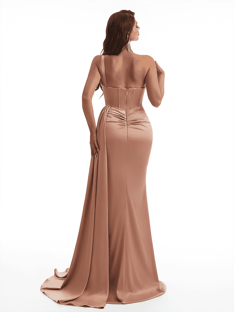 Sexy One Shoulder Side Slit Mermaid Soft Satin Long Bridesmaid Dresses Online