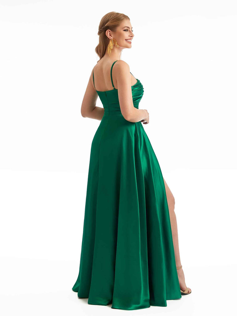 Chic Spaghetti Straps Unique A-line Stetch Satin Long Bridesmaid Dresses Online