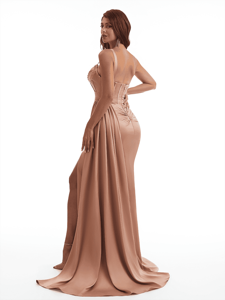 Sexy One Shoulder Side Slit Mermaid Soft Satin Long Bridesmaid Dresses Online
