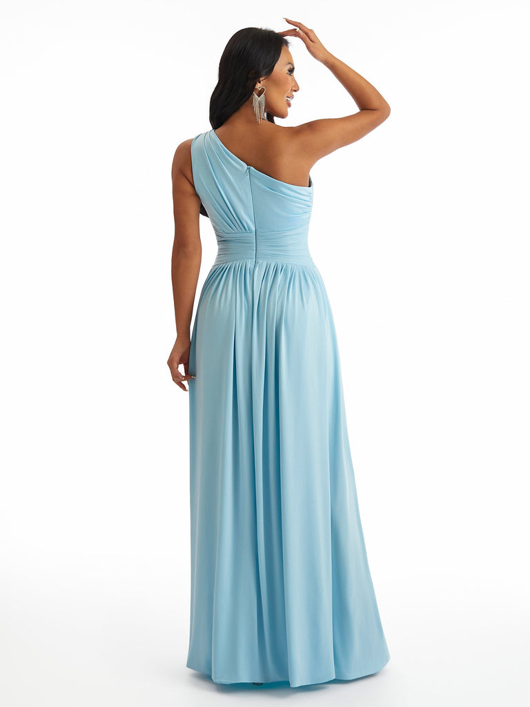 Sexy One Shoulder A-Line Stretchy Jersey Ruched Long Formal Bridesmaid Dresses