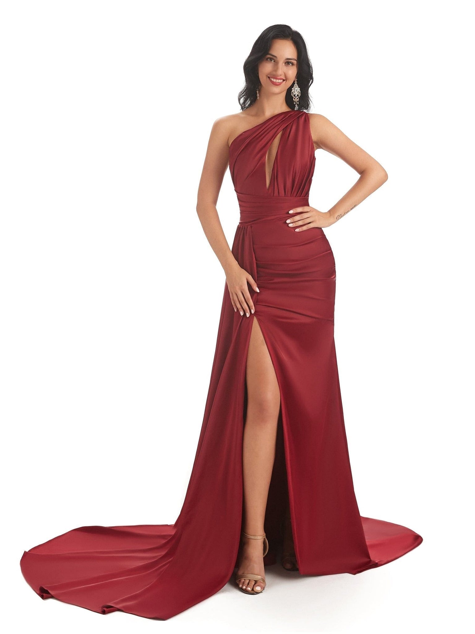 Sexy Soft Satin Side Slit One Shoulder Mermaid Long Wedding Bridesmaid Dresses