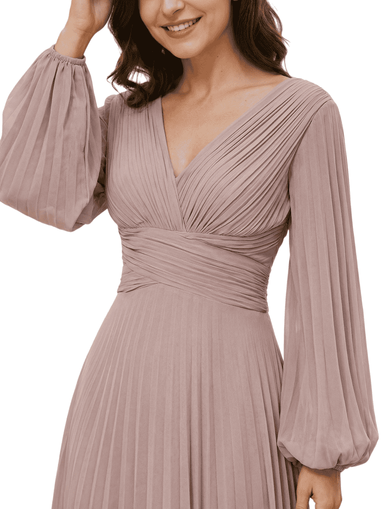 Elegant Pleated Mother of the Bride Gown V-Neck Bishop Sleeve Flowy Chiffon Maxi Dress