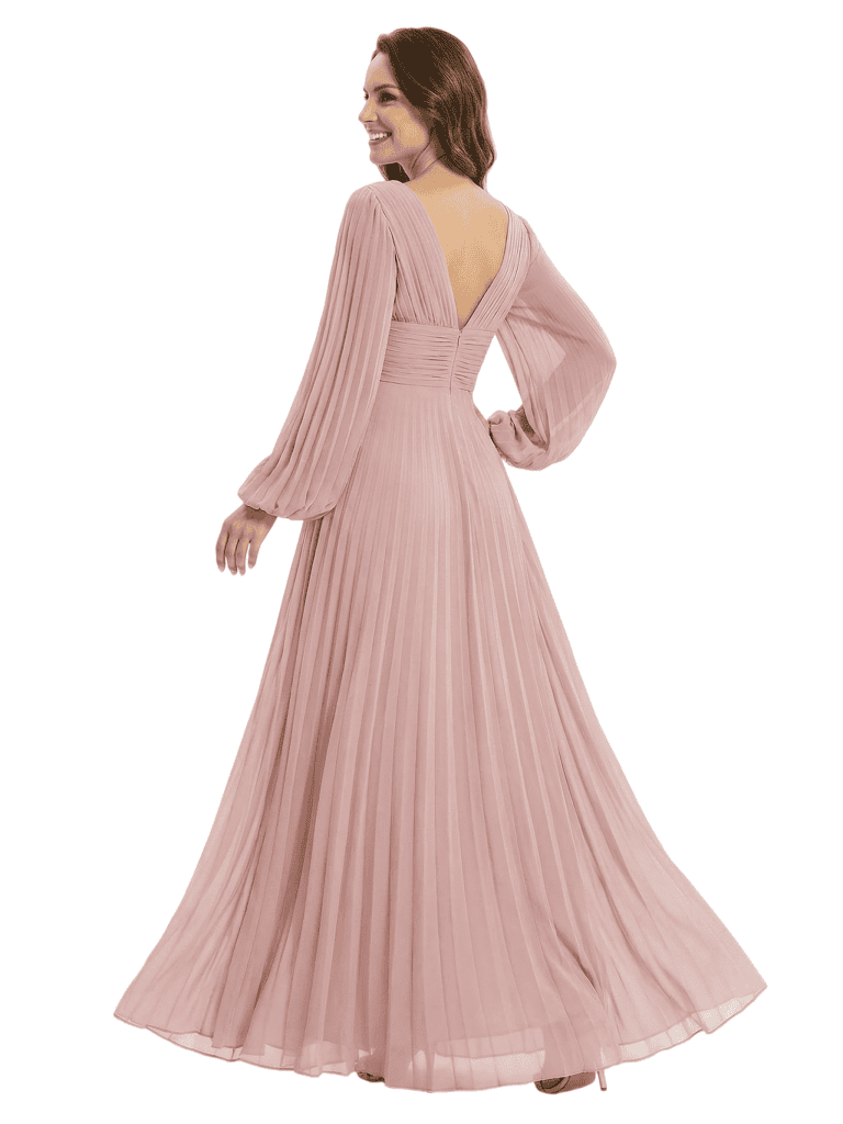 Elegant Pleated Mother of the Bride Gown V-Neck Bishop Sleeve Flowy Chiffon Maxi Dress