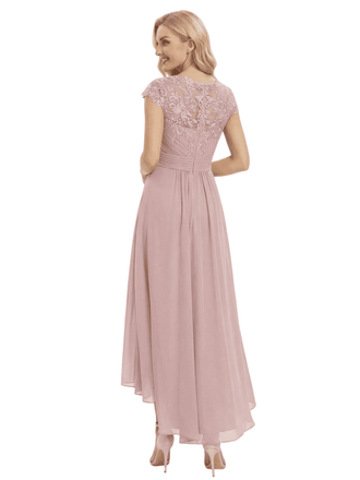 Beautiful Lace Cap Sleeves High Low Chiffon Flowy Mother of the Groom and Bride Gown