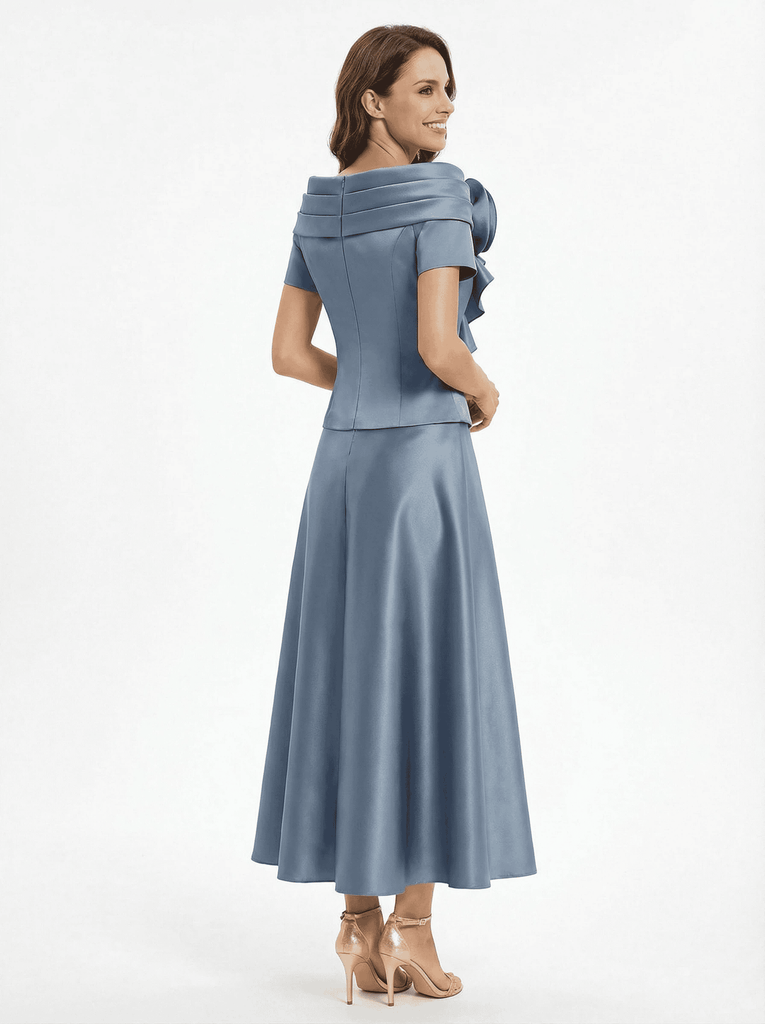 Unique Short Sleeves Off Shoulder A-Line Satin Mother of the Groom Evening Dress