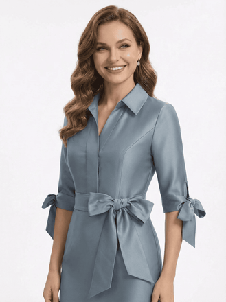 Unique 3/4 Tie Sleeves Bow Knot Mermaid Satin Mother of the Groom Evening Dress