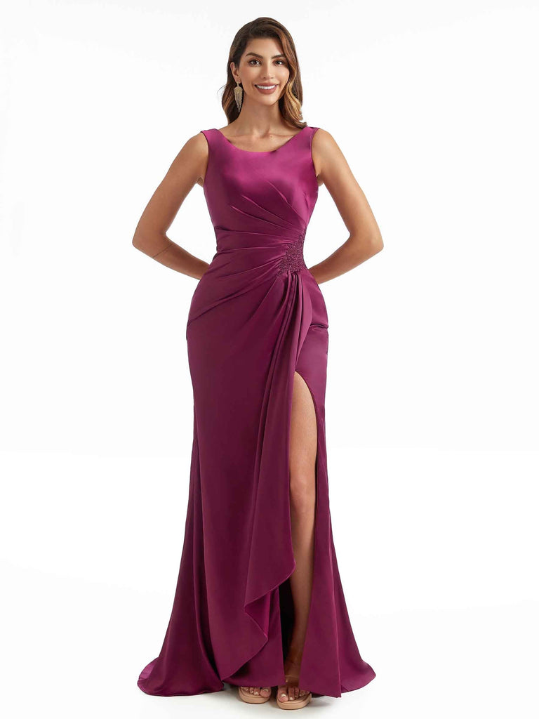 Women Scoop Sleeveless Side Split Long Satin Chic Formal Bridesmaid Dresses Online